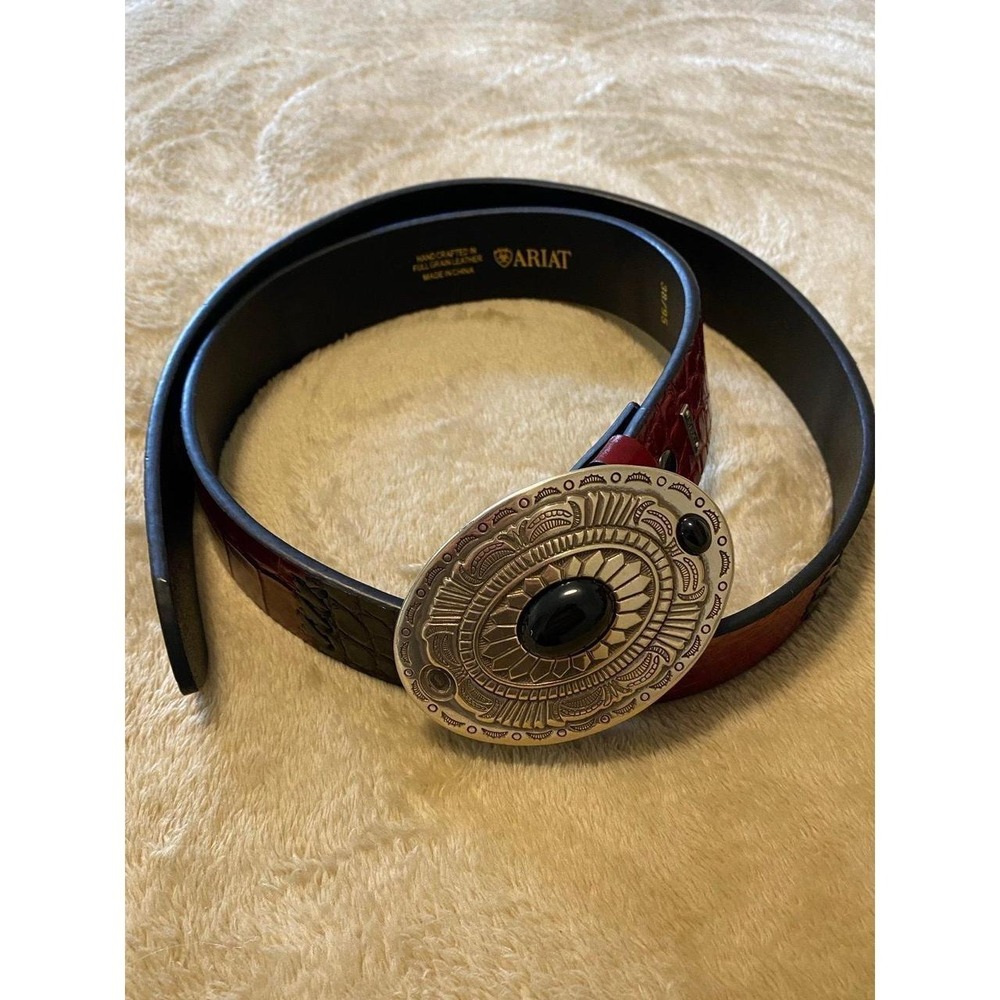 Ariat Belt 38 Red Black Equestrian Leather Hand Crafted Silver Buckle Accessory
